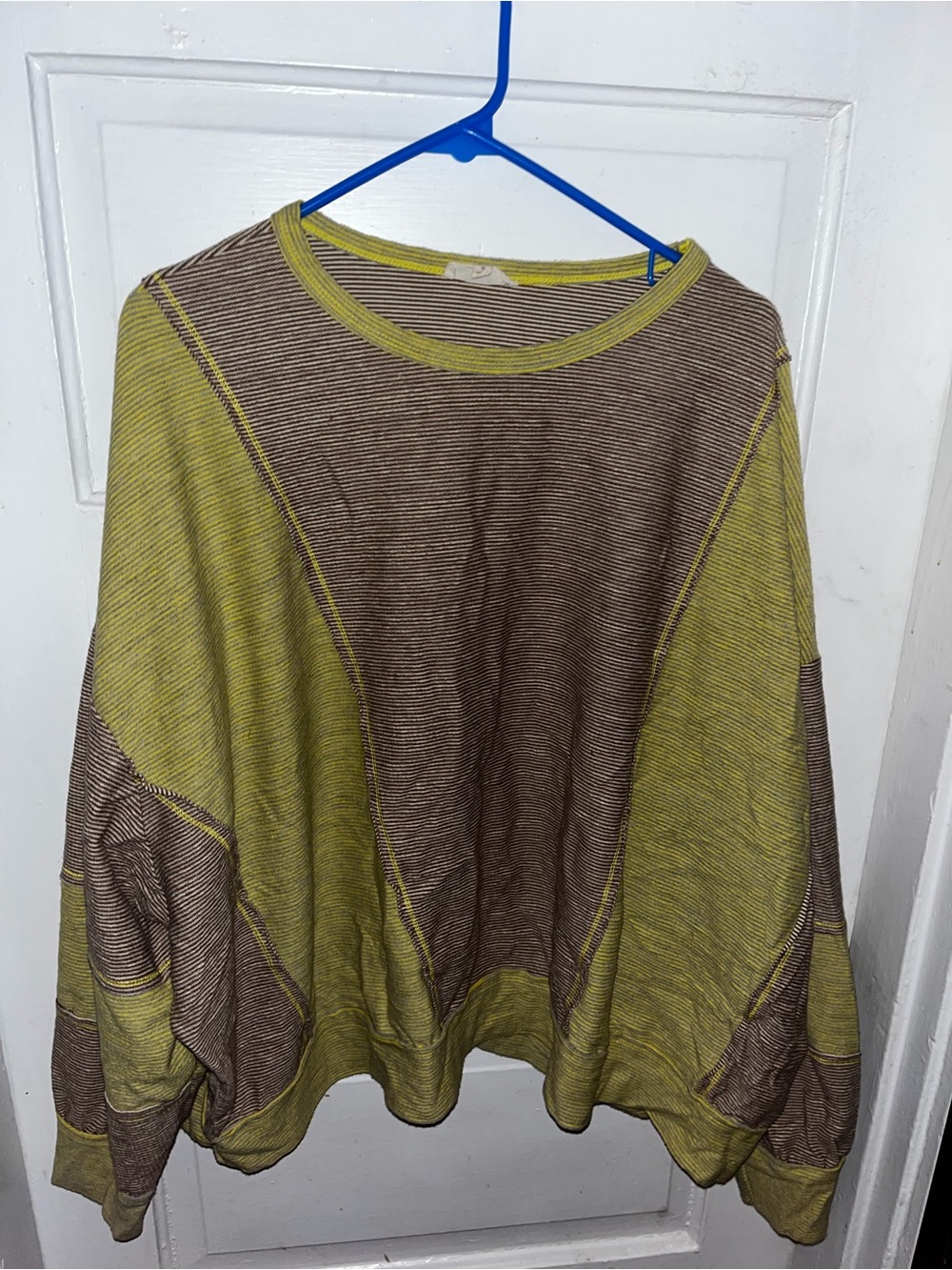 Easel Bat Wing Striped Two-Tone Green and Brown Oversized Sweatshirt